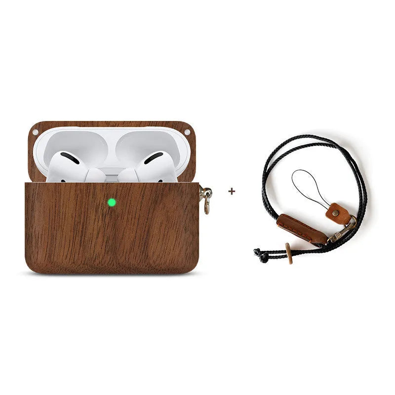 Bluetooth wireless earphones with solid wood hard shell case in bamboo finish, compatible with Apple iPhones