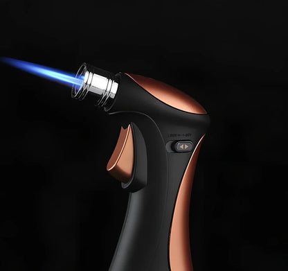 Windproof torch lighter with adjustable flame control, metal construction, black colour option