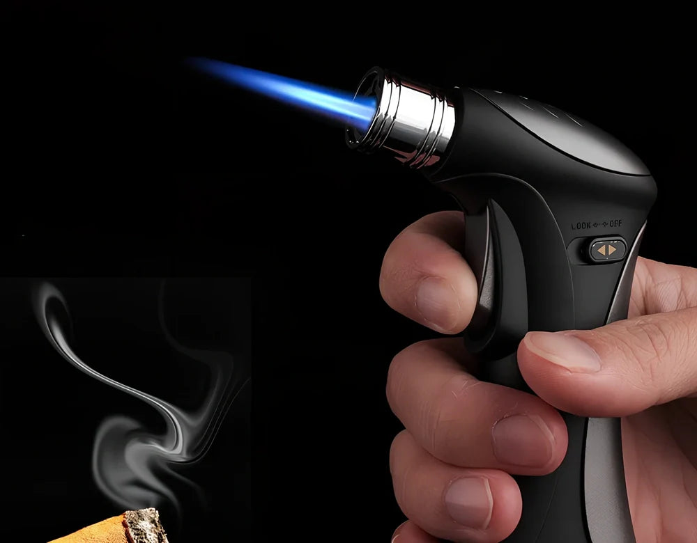 Windproof torch lighter with adjustable flame control, metal construction, black colour option