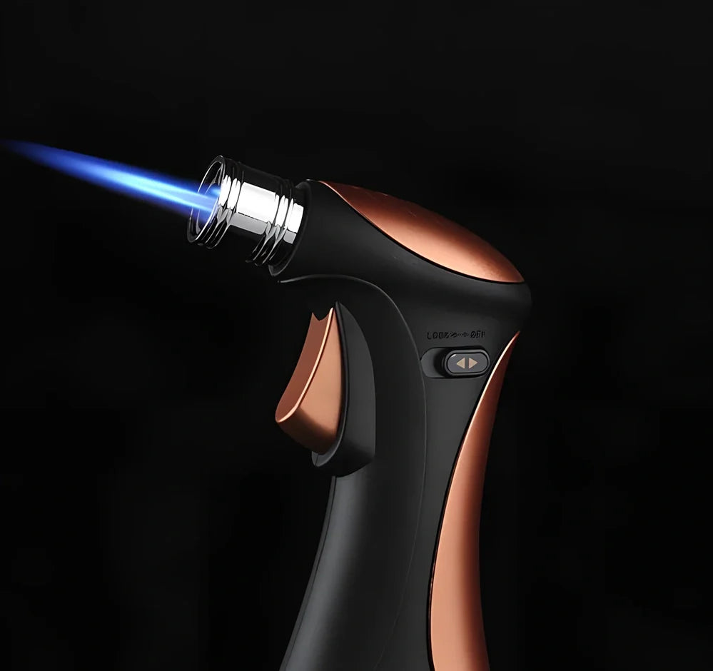 Windproof torch lighter with adjustable flame control, metal construction, black colour option