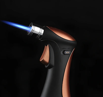 Windproof torch lighter with adjustable flame control, metal construction, black colour option
