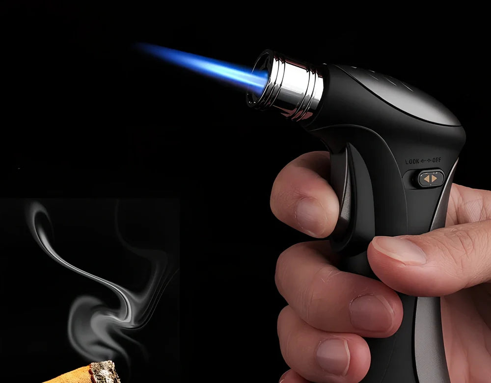 Windproof torch lighter with adjustable flame control, metal construction, black colour option