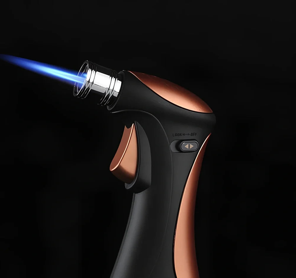 Windproof torch lighter with adjustable flame control, metal construction, black colour option