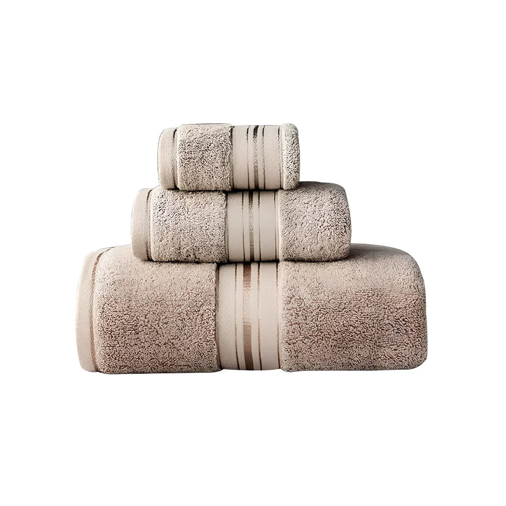 Egyptian cotton towel set showing 70x150cm bath towel and 34x75cm hand towel with beige colour