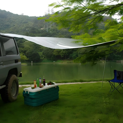 Green Unity car side awning extended 2.8m with aluminium poles and double bedroom structure for camping