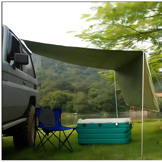Green Unity car side awning extended 2.8m with aluminium poles and double bedroom structure for camping