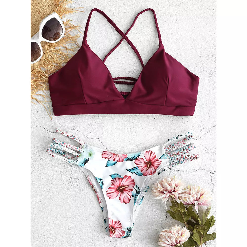 Women's floral braided bikini swimsuit with backless design in various colors