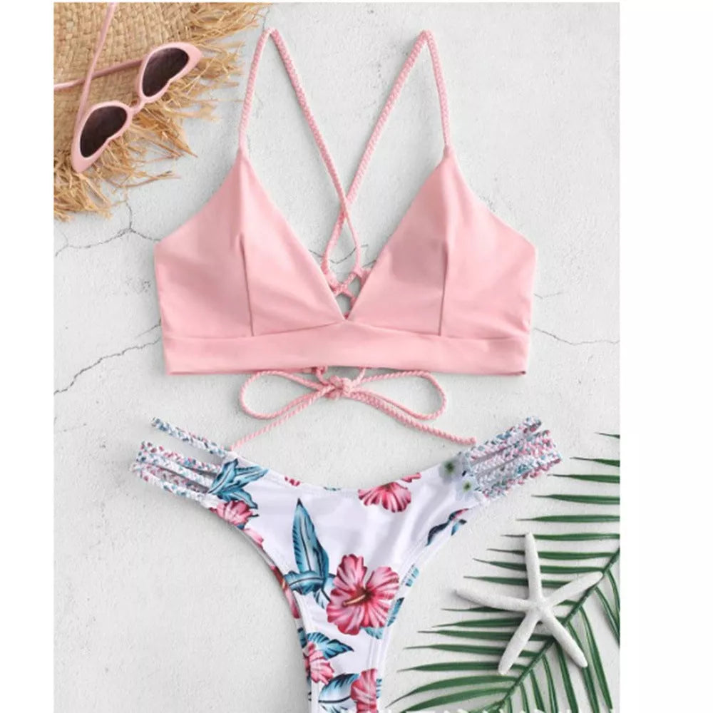 Women's floral braided bikini swimsuit with backless design in various colors