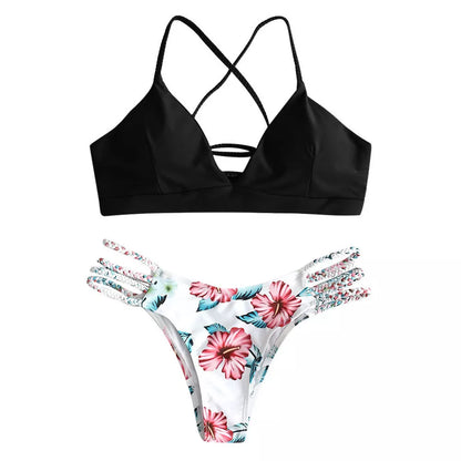Women's floral braided bikini swimsuit with backless design in various colors