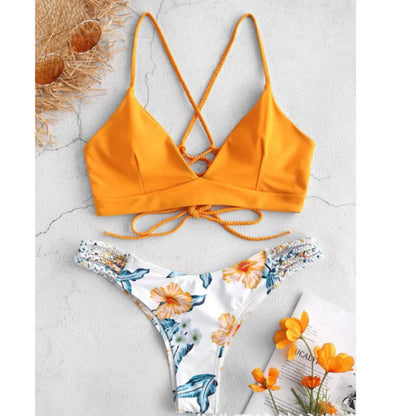 Women's floral braided bikini swimsuit with backless design in various colors
