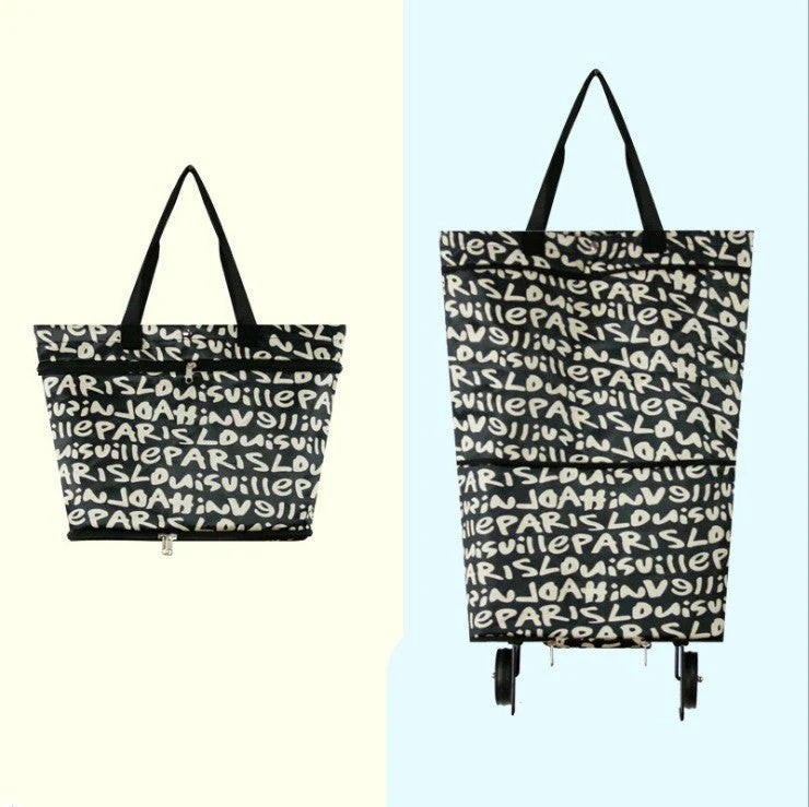Collapsible shopping tote bag made of durable 600D encrypted Oxford cloth, with reinforced bottom tug strap for hands-free carrying