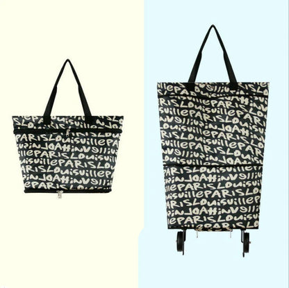 Collapsible shopping tote bag made of durable 600D encrypted Oxford cloth, with reinforced bottom tug strap for hands-free carrying