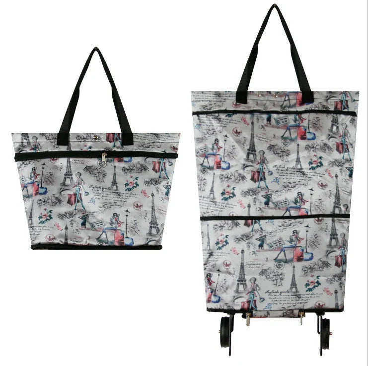 Collapsible shopping tote bag made of durable 600D encrypted Oxford cloth, with reinforced bottom tug strap for hands-free carrying