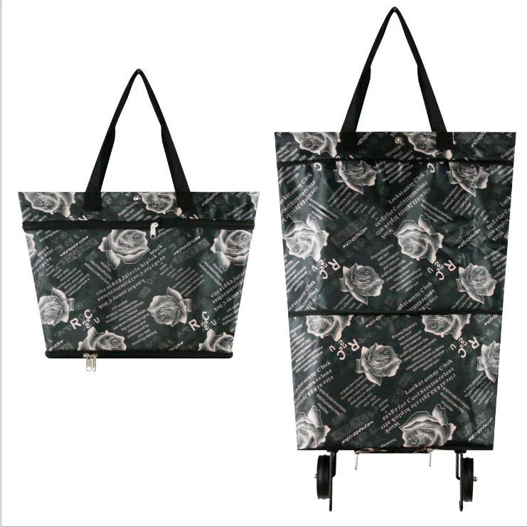 Collapsible shopping tote bag made of durable 600D encrypted Oxford cloth, with reinforced bottom tug strap for hands-free carrying