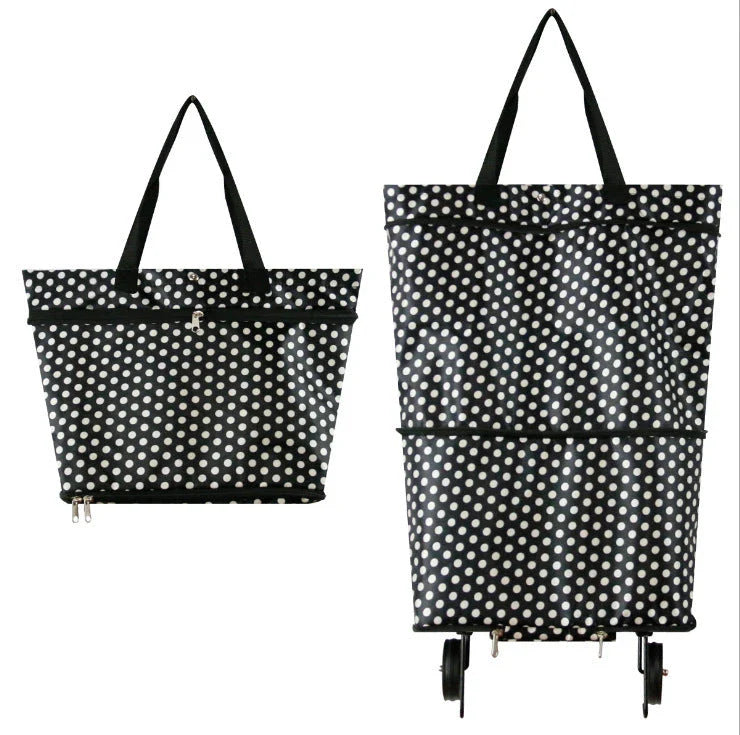 Collapsible shopping tote bag made of durable 600D encrypted Oxford cloth, with reinforced bottom tug strap for hands-free carrying