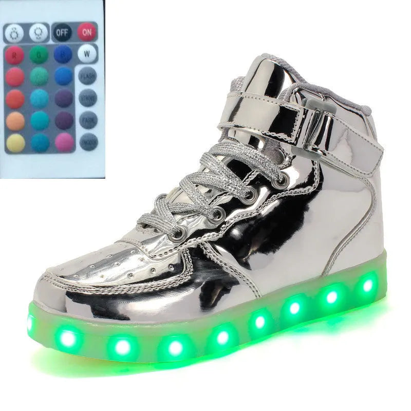 High-top LED luminous shoes with remote control, rubber sole, mesh lining, front tie, unisex sizes 35 to 46.