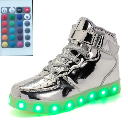 High-top LED luminous shoes with remote control, rubber sole, mesh lining, front tie, unisex sizes 35 to 46.