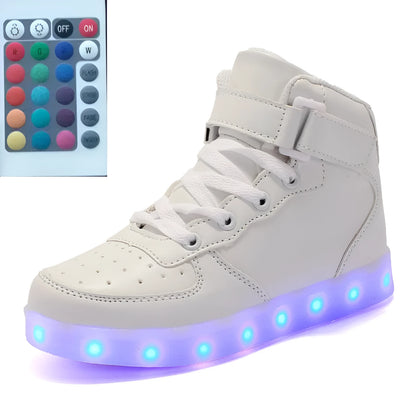 High-top LED luminous shoes with remote control, rubber sole, mesh lining, front tie, unisex sizes 35 to 46.