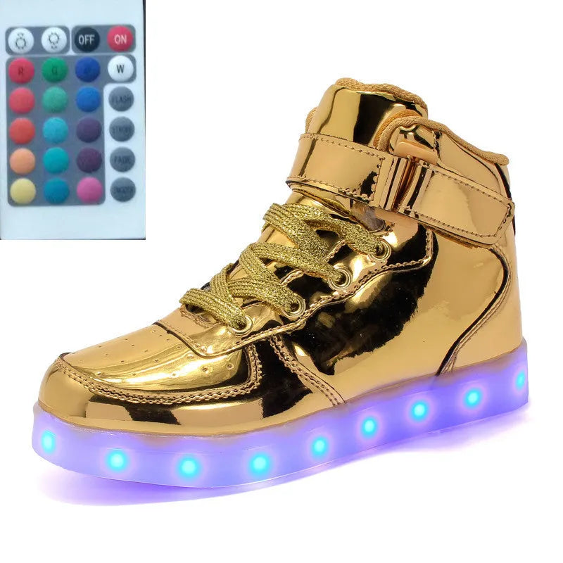 High-top LED luminous shoes with remote control, rubber sole, mesh lining, front tie, unisex sizes 35 to 46.
