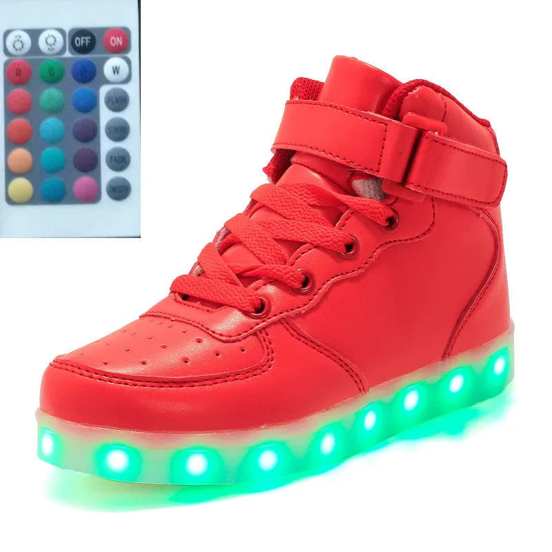 High-top LED luminous shoes with remote control, rubber sole, mesh lining, front tie, unisex sizes 35 to 46.