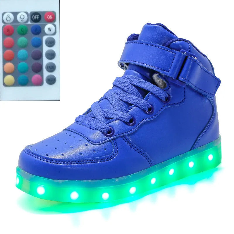 High-top LED luminous shoes with remote control, rubber sole, mesh lining, front tie, unisex sizes 35 to 46.