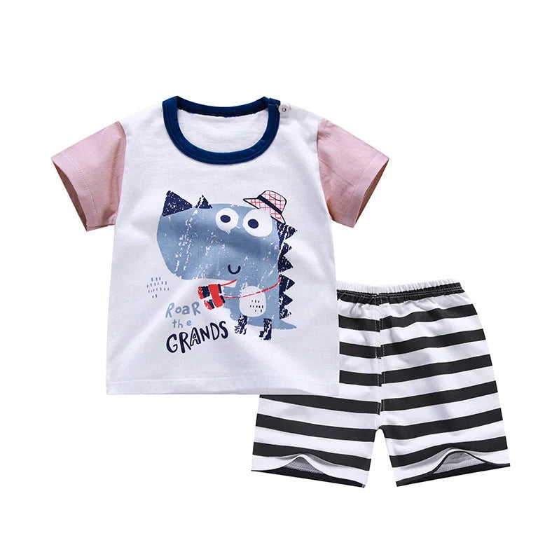 100% cotton Korean-style baby two-piece set with cartoon pattern, short sleeves, and five-point pants