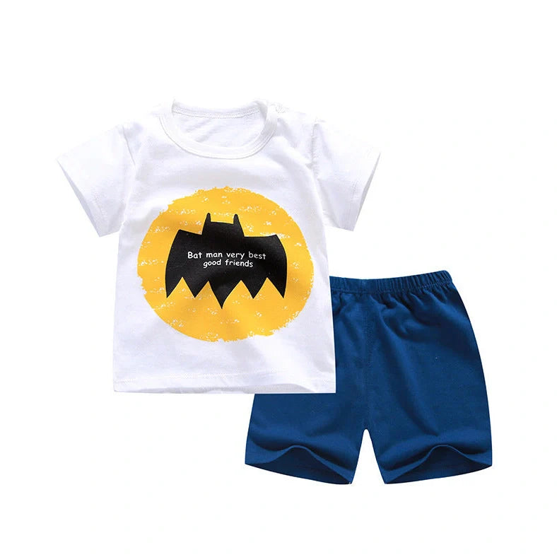 100% cotton Korean-style baby two-piece set with cartoon pattern, short sleeves, and five-point pants