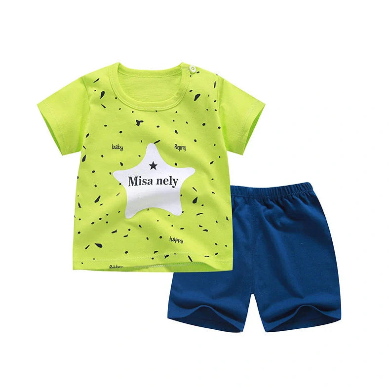 100% cotton Korean-style baby two-piece set with cartoon pattern, short sleeves, and five-point pants