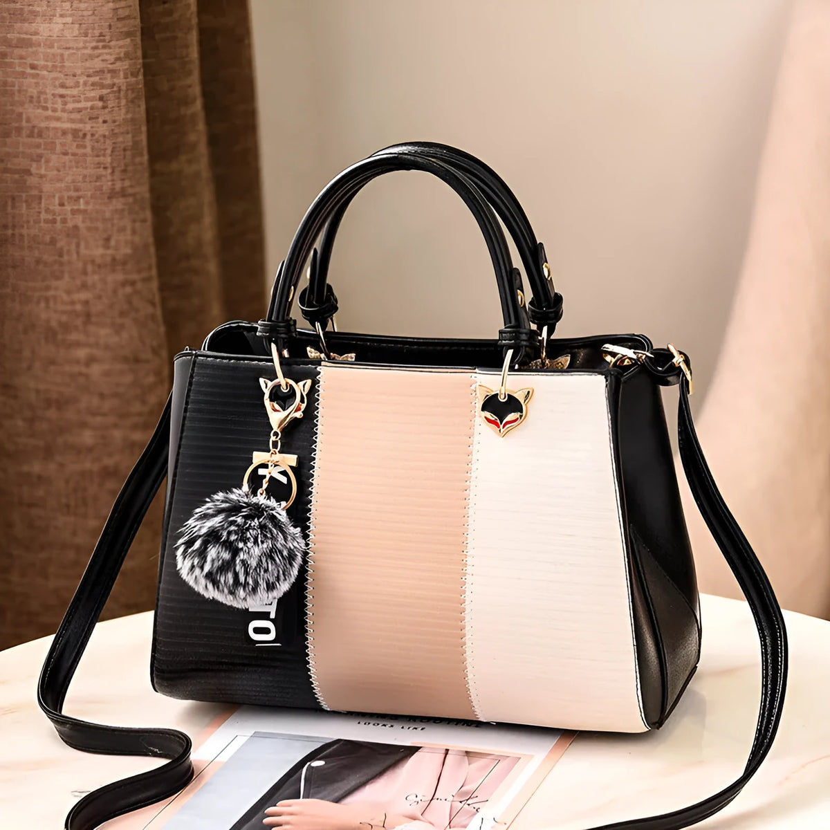 PU shoulder handbag with polyester lining, single soft handle and outer open pocket, five styles