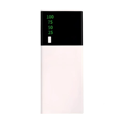 Black 20000mAh power bank measuring 135x60x20mm with plastic shell and charging cable