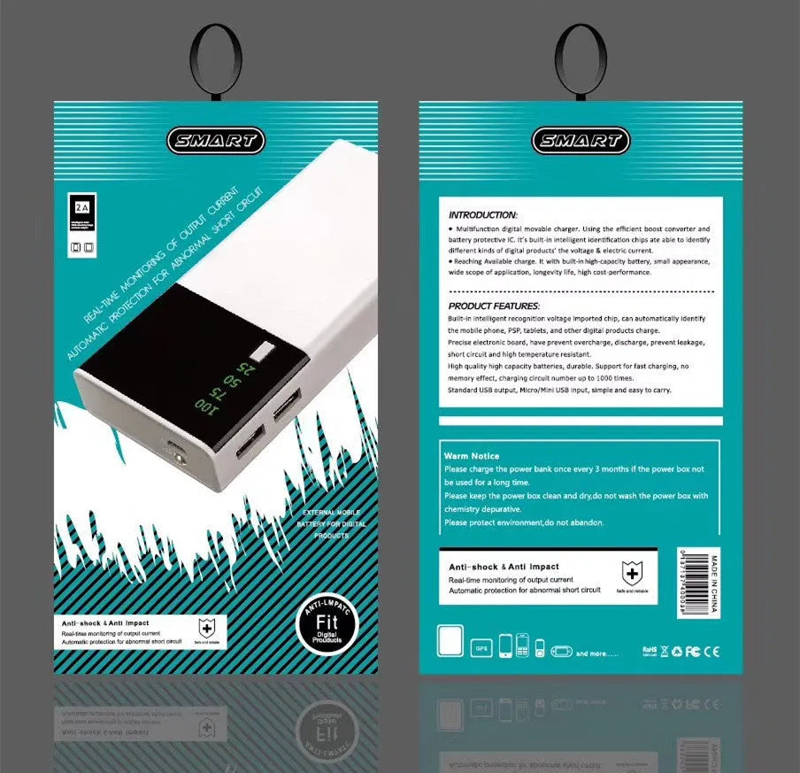 Black 20000mAh power bank measuring 135x60x20mm with plastic shell and charging cable