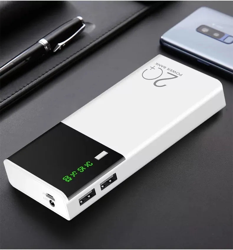 Black 20000mAh power bank measuring 135x60x20mm with plastic shell and charging cable