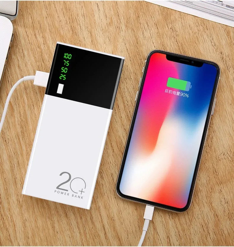 Black 20000mAh power bank measuring 135x60x20mm with plastic shell and charging cable