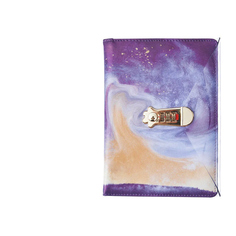 A5 password book with lock diary student notebook featuring wire binding and imitation leather cover in five colours including starry sky, painted sand, elk, whale girl and nebula designs for secure personal journaling and literary note-taking