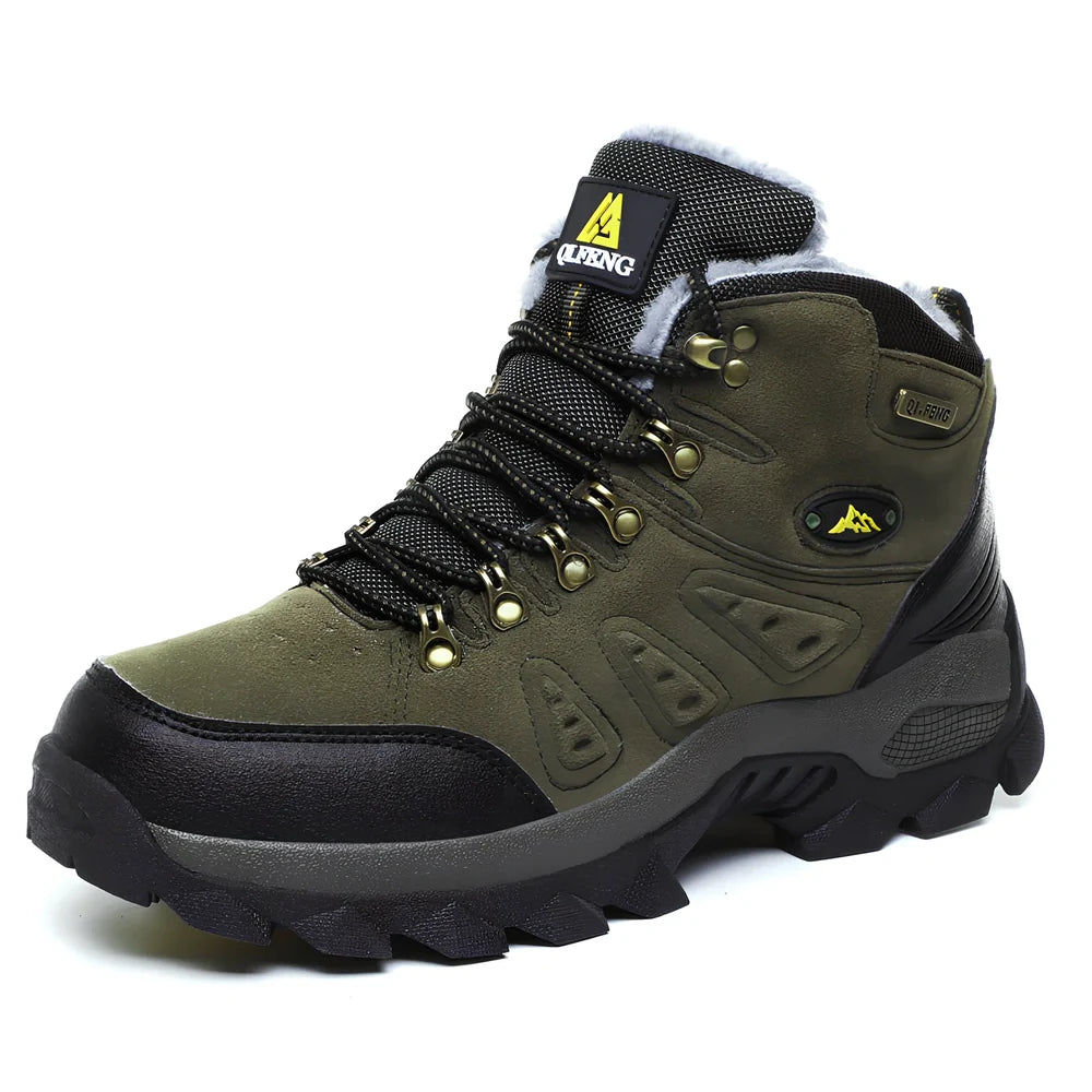Army green waterproof hiking shoes with front tie closure and cotton lining for outdoor sports