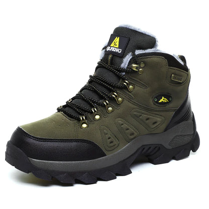 Army green waterproof hiking shoes with front tie closure and cotton lining for outdoor sports