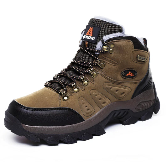 Army green waterproof hiking shoes with front tie closure and cotton lining for outdoor sports