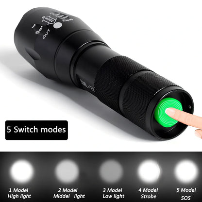 Black aluminium alloy tactical flashlight with telescopic focus and five lighting mode buttons