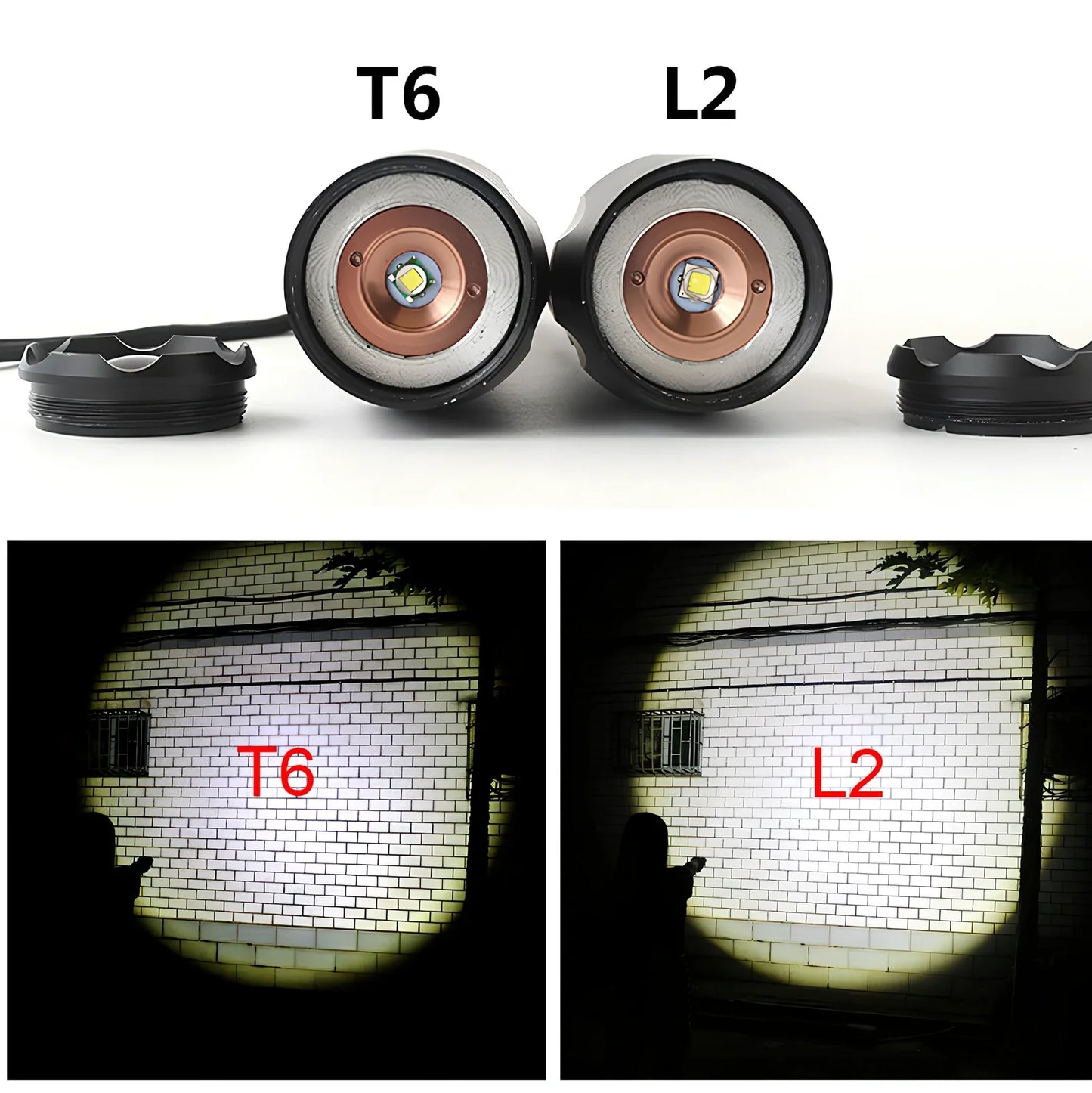 Black aluminium alloy tactical flashlight with telescopic focus and five lighting mode buttons