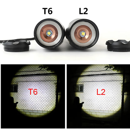 Black aluminium alloy tactical flashlight with telescopic focus and five lighting mode buttons