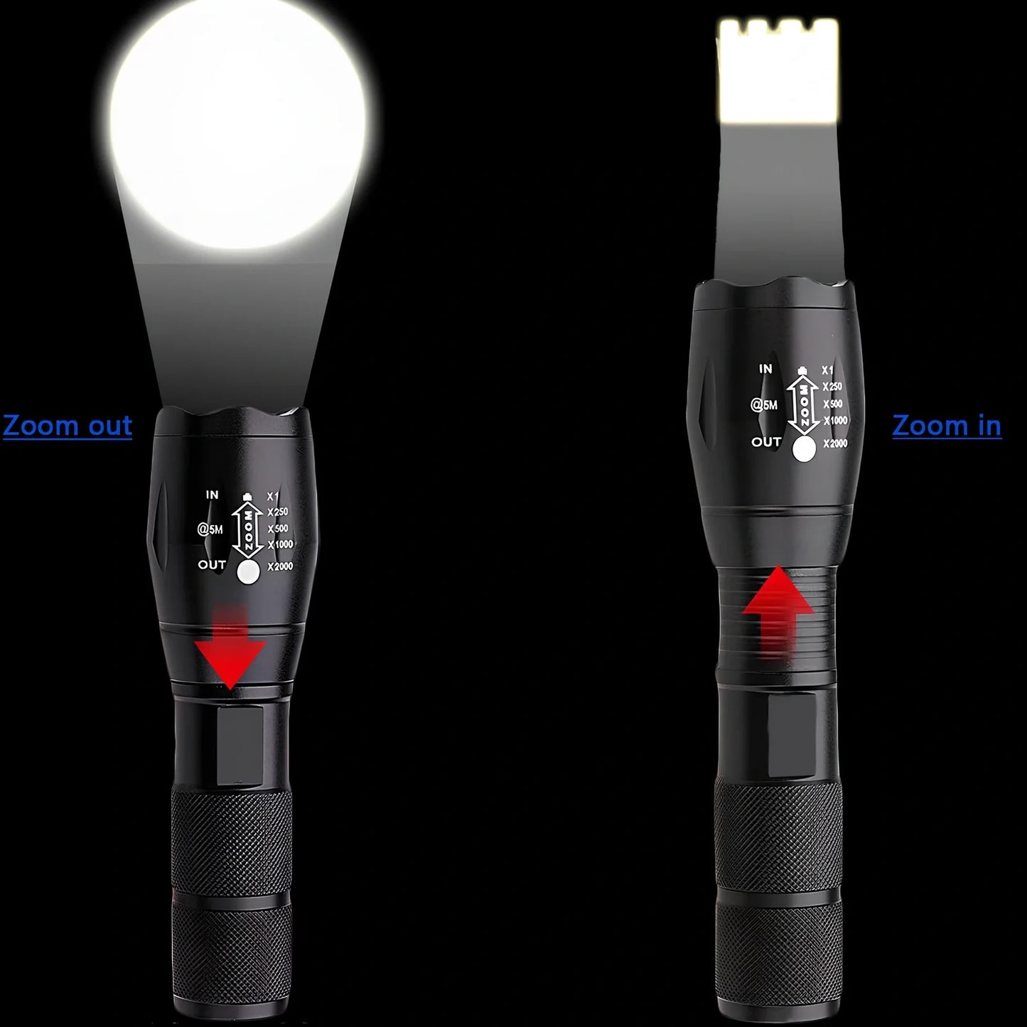 Black aluminium alloy tactical flashlight with telescopic focus and five lighting mode buttons