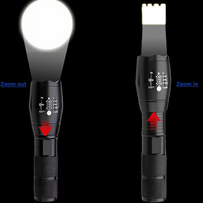 Black aluminium alloy tactical flashlight with telescopic focus and five lighting mode buttons