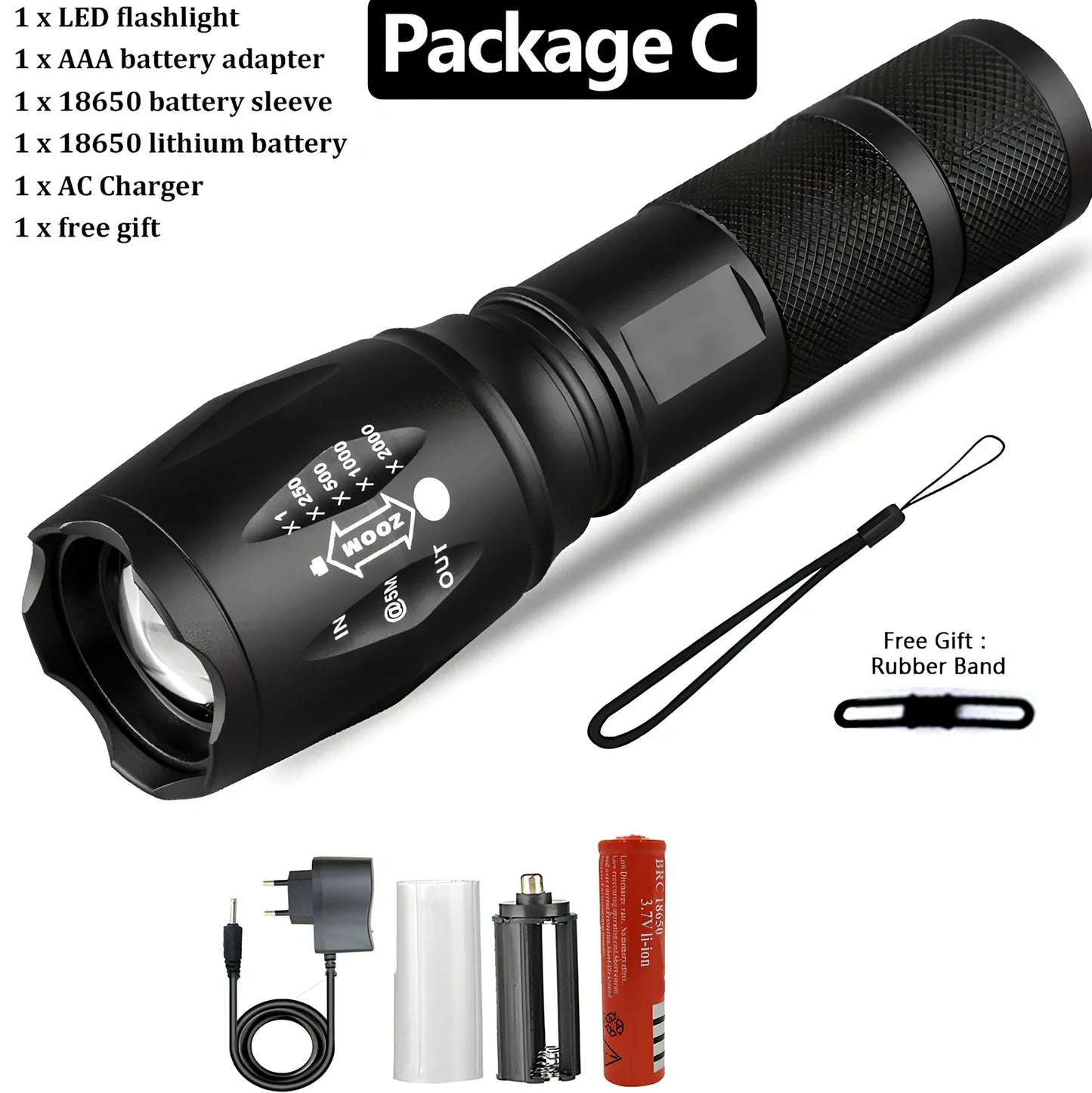 Black aluminium alloy tactical flashlight with telescopic focus and five lighting mode buttons