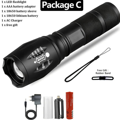 Black aluminium alloy tactical flashlight with telescopic focus and five lighting mode buttons