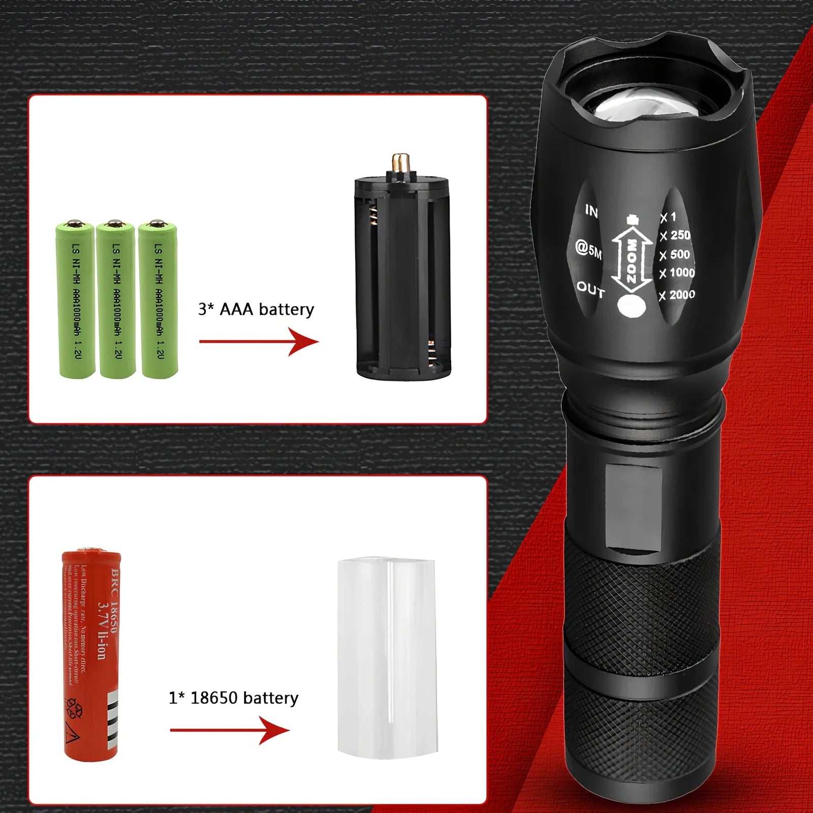 Black aluminium alloy tactical flashlight with telescopic focus and five lighting mode buttons
