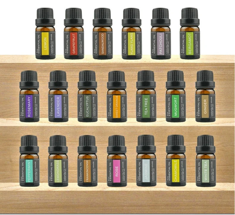 10ml essential oil bottle for aromatherapy in various scents including lavender, rose, and chamomile