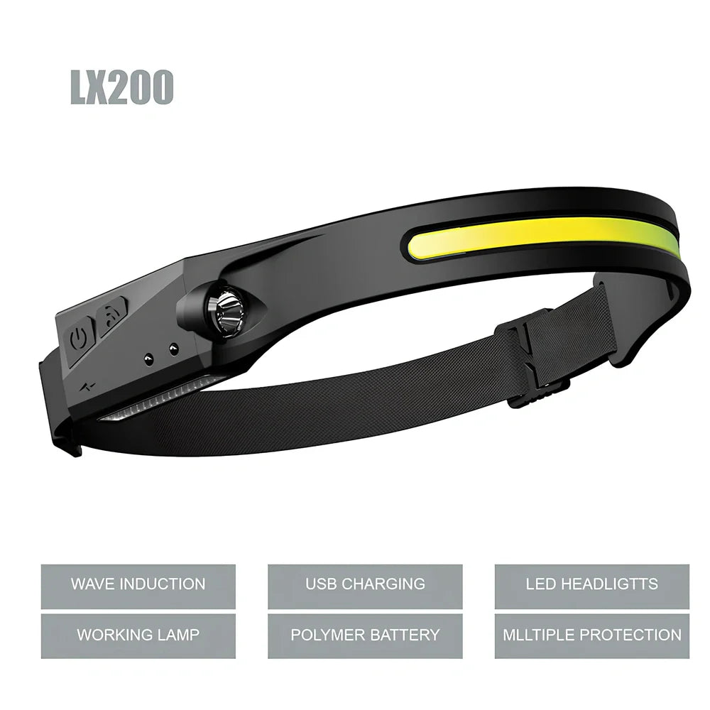Black induction fishing light with silicone strap, 55mm length, showing touch controls and USB charging port