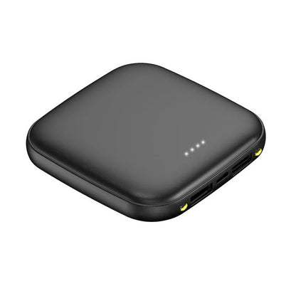 Mini power bank with 20000mAh capacity, compact black design, LED flashlight, and USB port for charging devices