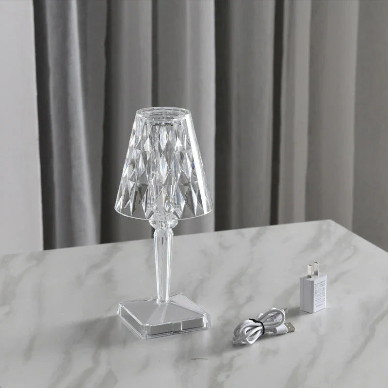 Elegant crystal acrylic table lamp with touch-sensitive controls and up to 6 hours of cordless battery life