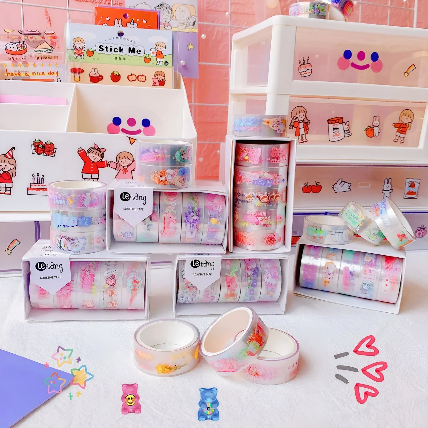 Creative hand account stickers with dinosaur, duck, cat, and rabbit designs on 1.5 cm washi paper tape